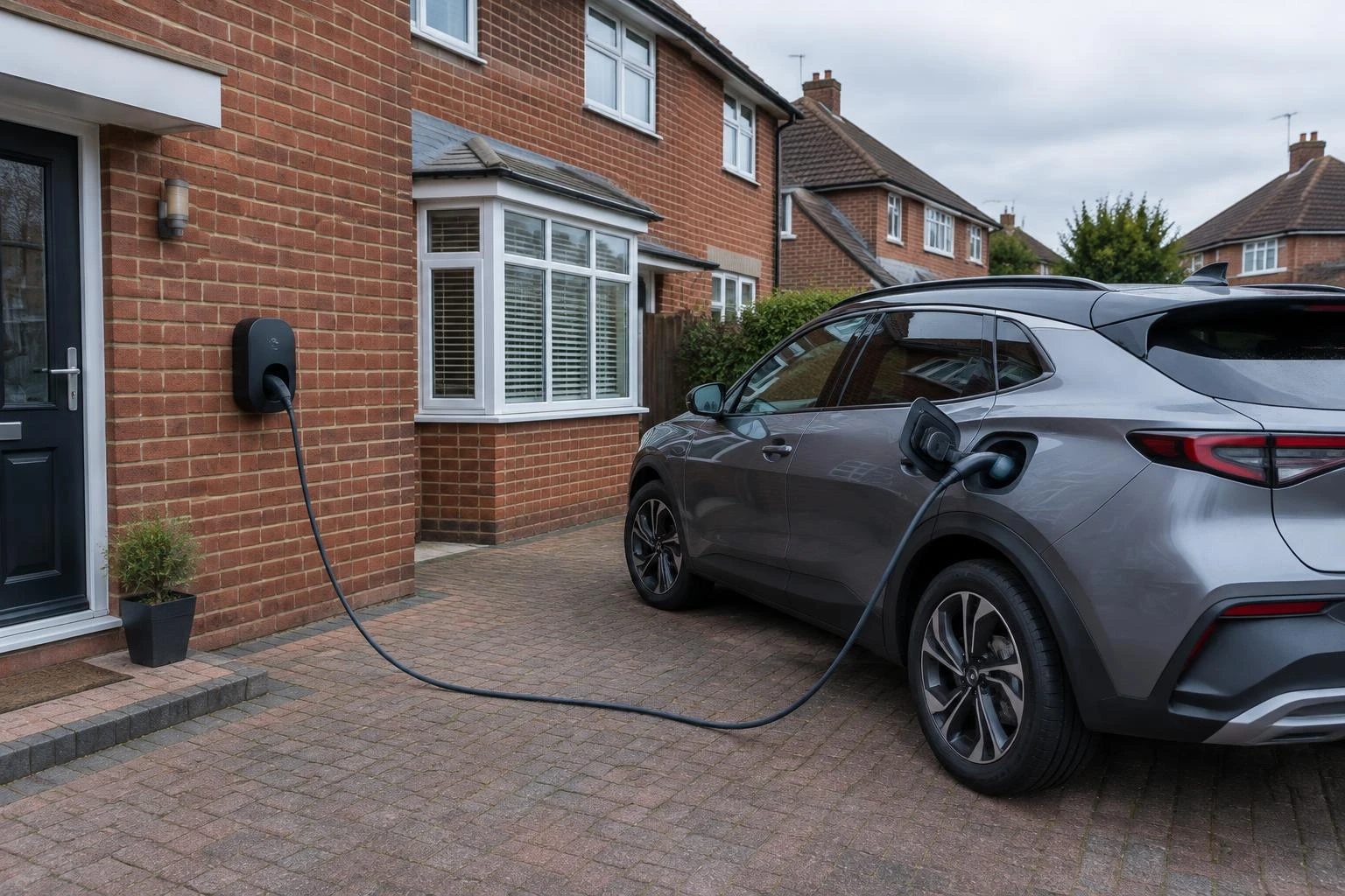 Wall-mounted home EV charger on a brick house with a car charging on the driveway